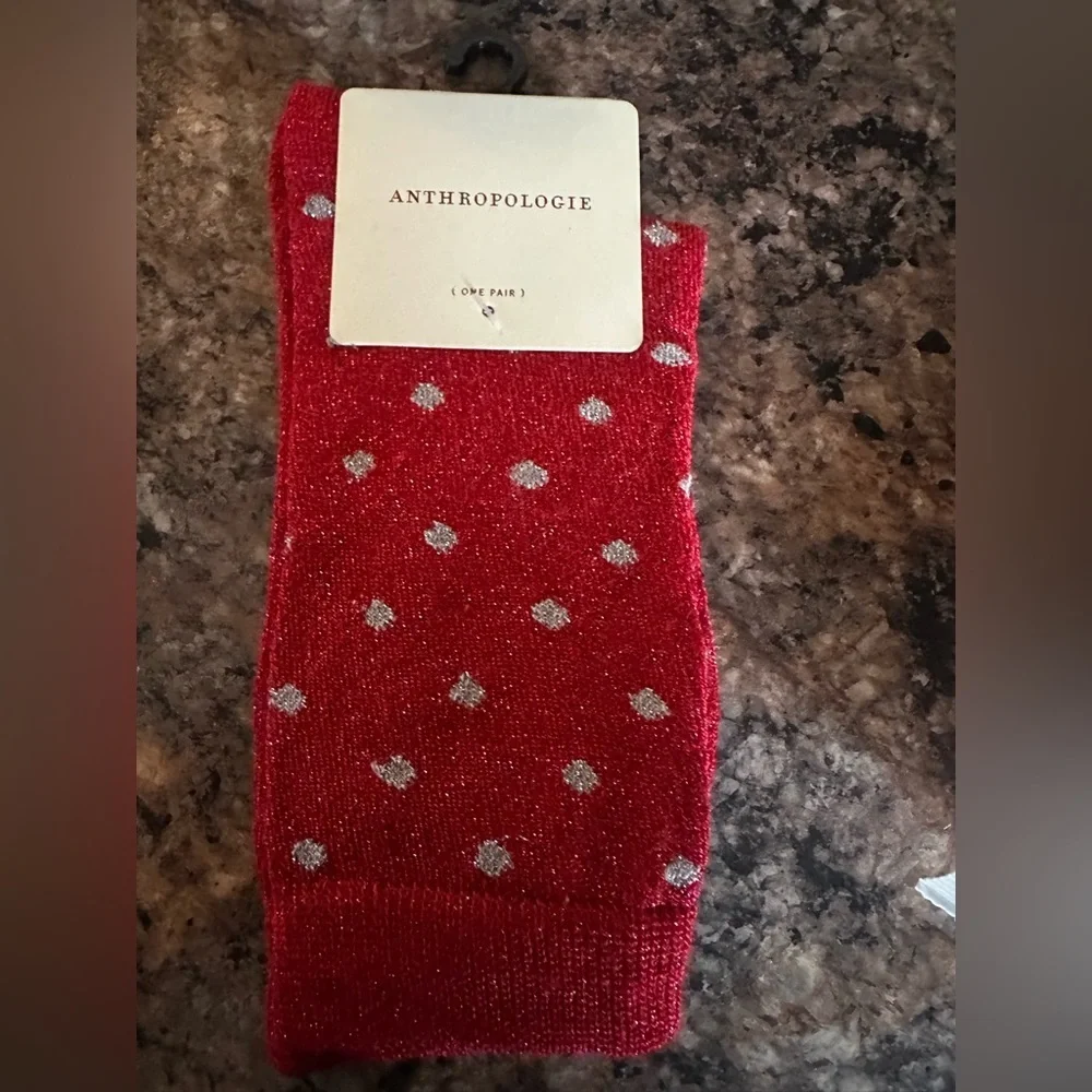 NWT ANTHROPOLOGIE LUREX CREW SOCKS POLKA Dot Print RED/ SILVER